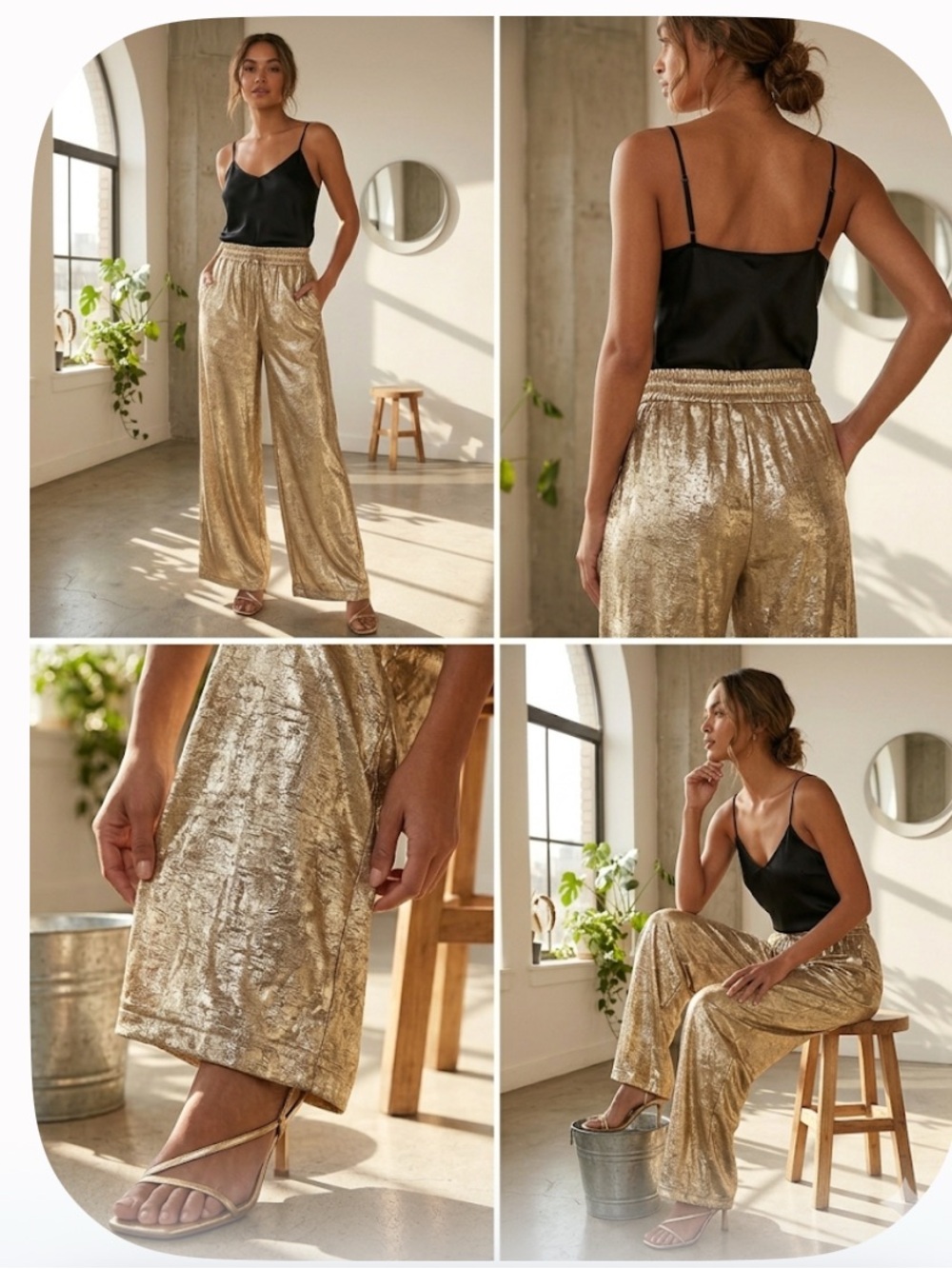 Metallic Gold Wide-Leg Pants with Elastic Waist SZ Large - Picture 2 of 2